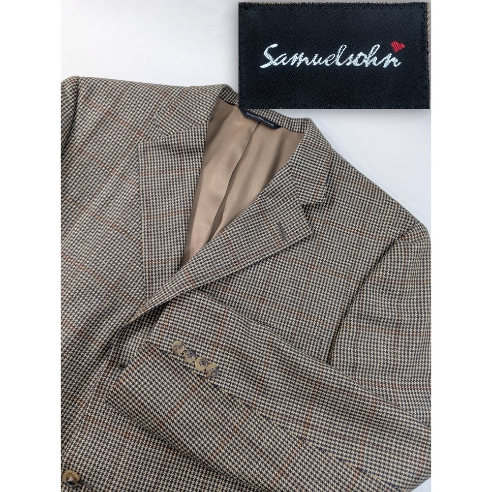 Samuelsohn Blazer‎ Jacket Silk Wool Three Button Hopsack Houndstooth Plaid 46L